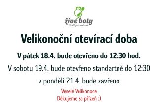 Velikonoční otevírací doba V pátek 18.4. bude otevřeno do 12:30 hod. V sobotu 19.4. bude otevřeno standartně do 12:30 v...